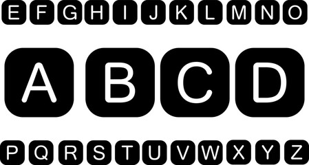 Stylized uppercase alphabet letters on rounded black keys. Bold minimal font, tech-style UI design. Ideal for app, game, or modern digital interface.