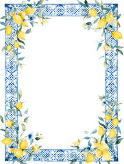 Fresh lemon and blue tile border frame with white center, perfect for summer invitations, menus, or Mediterranean-themed designs.

