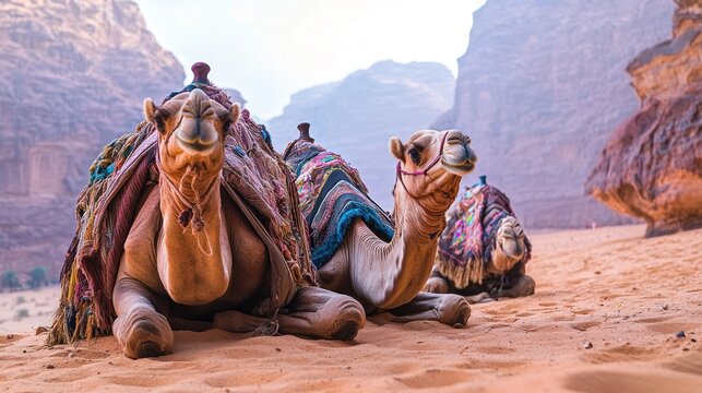 Two camels resting in the desert landscape. - Powered by Adobe