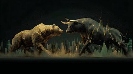 Bull vs. bear market: Bullish and bearish trends illustrated by a bull and bear facing off. Modern abstract concept for Wall Street business, finance, trading, cryptocurrency and bull market trader. 
