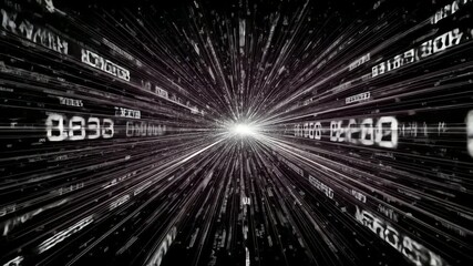 Data tunnel with central light streaking text and converging lines in grayscale