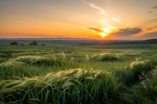 12k ultra HD photo of golden fields glowing in morning light, with swaying tall grass under a soft orange-yellow sky and poetic drifting clouds near horizon.