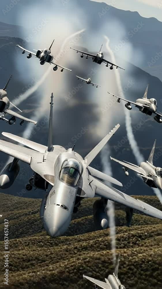 Poster Aerial formation of fighter jets in flight over mountainous terrain with vapor trails in a dynamic composition.