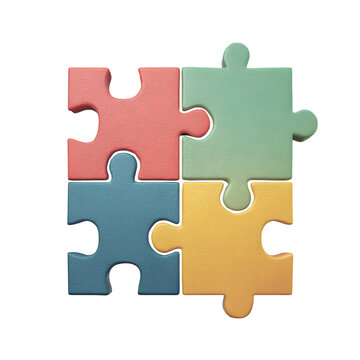 Four interlocking puzzle pieces 3d rendered isolated on transparent background