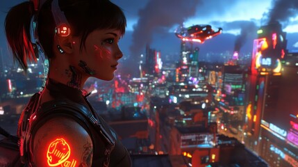 Naklejka premium Futuristic cyberpunk woman in a neon city