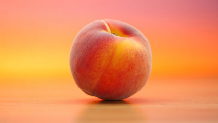 Single Ripe Peach on Wooden Surface Soft Orange Yellow Background Closeup Still Life Photography fruit