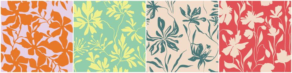 Set of summer spring seamless floral patterns trendy colors ink linear vector concise contrasting ink drawing handmade for fabric design decor ceramics postcards, flowers on light and dark backgrounds