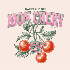 Vintage line drawing and doted cherry illustration. cherry vector graphics. trandy fashion graphics. women's t shirt food print design. collage typograpy font this art.