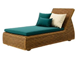 Wicker chaise lounge with teal and striped pillows isolated on transparent background