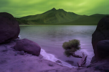High-altitude lake under neon green sky, volcanic peaks reflect in water, lavender silt near shore, purple boulders and candy-purple soil, solitary juniper tree, soft diffused light.