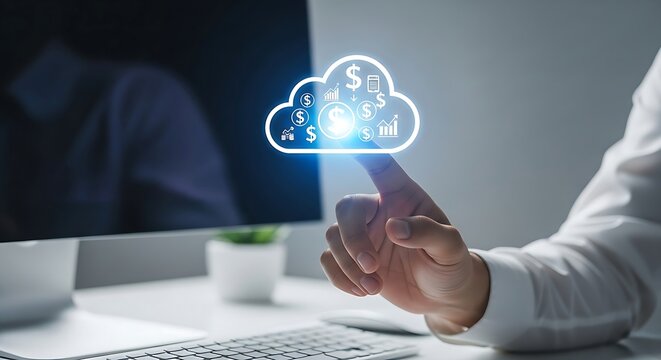 Fingertip touches a glowing cloud symbol, showcasing cloud computing technology and its associated data security and innovation. - Powered by Adobe