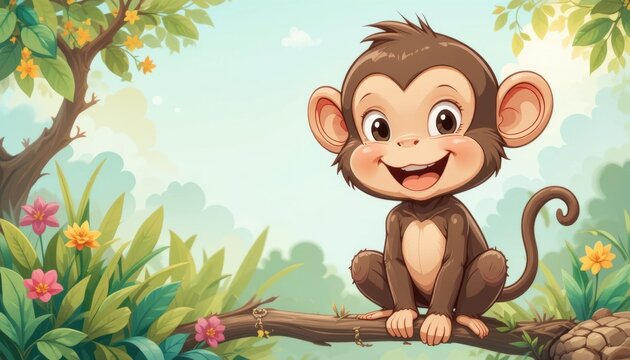 A cheerful cartoon monkey sits on a tree branch surrounded by vibrant flowers and lush greenery under a bright, clear sky.