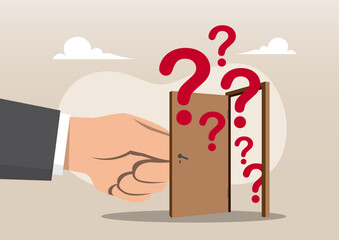 A large hand opening a door from which multiple large red question marks flowing out