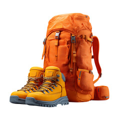 PNG Orange Backpack and Hiking Boots Adventure Gear against transparent Background