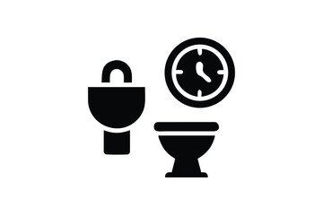 Solid black sink, toilet and clock icon offer bathroom visit reminders in silhouette