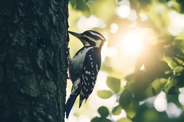 A woodpecker busily works on a tree trunk, its black and white feathers appearing particularly lively under the sunlight