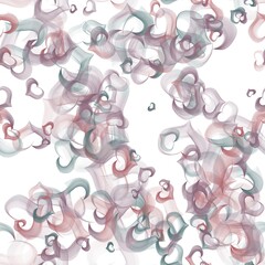 Flying hearts abstract background. Veil texture. Dusky purple, pinkish brown and shuttle grey colors on the white background. Seamless hand drawn pattern