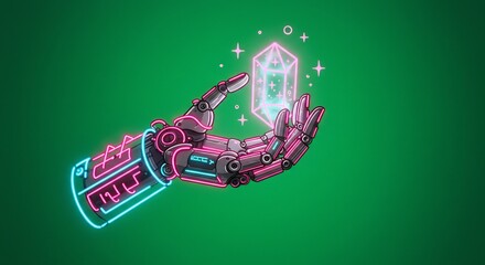 Naklejka premium Robotic Hand Holding Glowing Crystal Neon Art