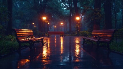 Rainy park path at night, lit by lamps
