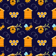 Blue seamless pattern on theme of honey and beekeeping. Background for sewing clothes or printing on fabric. bee, hive, and honeycomb