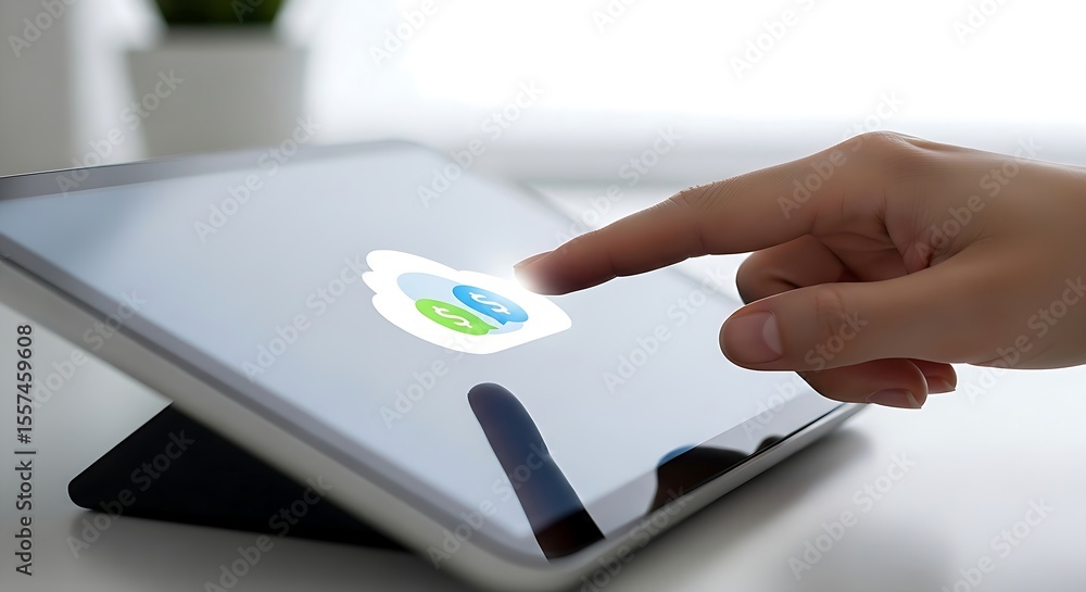 Poster hand interacts with a modern tablet device, browsing applications and engaging with the touch screen