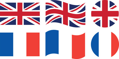 United Kingdom and France Flags in Various Styles.