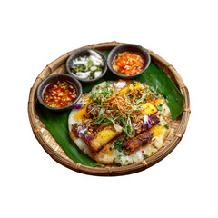 Delicious Vietnamese Banh Xeo with Dipping Sauces in a Bamboo Basket