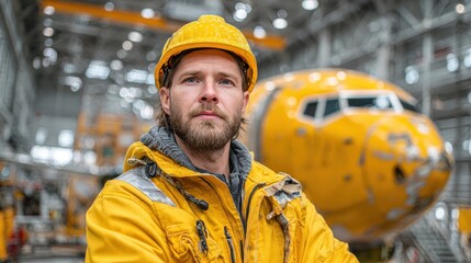 A construction worker stands by a plane fuselage
