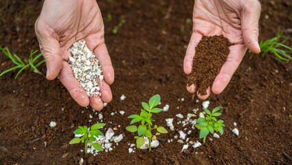 Hands holding organic soil and nutrient-rich material above young plants in garden bed, illustrating sustainable agroecology practices for healthy growth and soil enrichment