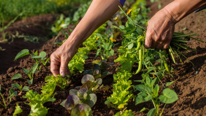 Hand of a gardener gently harvesting fresh vegetables from a vibrant agroecological garden, showcasing the rich diversity of crops and sustainable farming practices