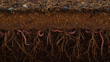 Soil profile showcasing rich organic layers, intertwined roots, and earthworms, highlighting the importance of healthy ecosystems in agroecology and sustainable agriculture practices