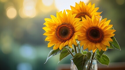 Fototapeta premium A few sunflowers are placed in a vase, their petals full and vibrant