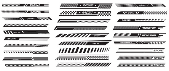 racing stripe vector set, race car vector, checkered flag designs, racing stripe speed, decal patterns, dynamic lines, competition, automotive graphics, black and white finish line motorsport.
