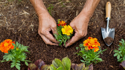 Hands of a gardener planting vibrant marigold flowers in rich soil, surrounded by lush greenery and colorful foliage, showcasing the beauty of agroecology and sustainable gardening practices