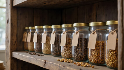 Glass jars filled with various seeds are neatly arranged on a rustic wooden shelf, showcasing the diversity of agricultural products in an eco-friendly environment