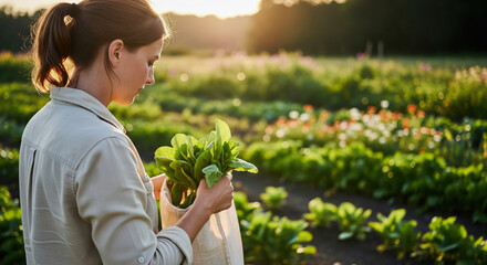 Woman harvesting fresh greens in a vibrant agroecological farm, surrounded by lush vegetation and blooming flowers, showcasing sustainable agricultural practices and connection to nature