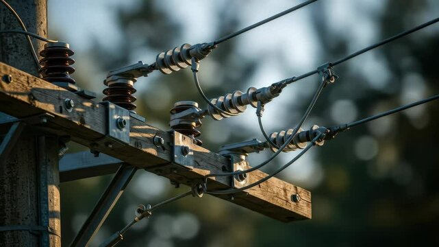 Close up of an electric utility pole with power lines and insulators at sunset. Energy infrastructure supply footage.
