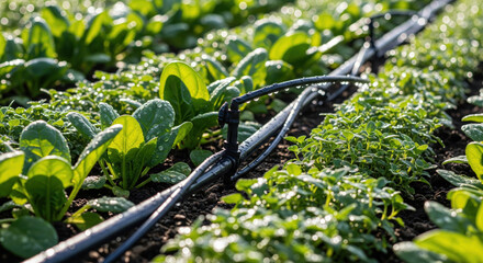 Drip irrigation system in lush green agroecological farm, showcasing vibrant leafy vegetables with water droplets glistening under sunlight, emphasizing sustainable agricultural practices