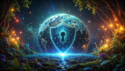 digital global world background with shield and lock for security