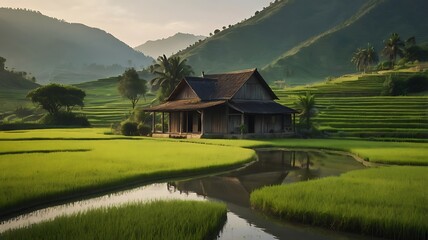 Rustic Farmhouse Reflected in Rice Paddies at Sunset