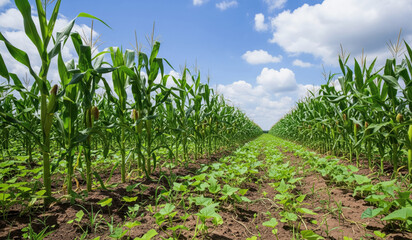 Lush green cornfield with rows of healthy corn plants and vibrant green ground cover, showcasing sustainable agroecology practices under a bright blue sky