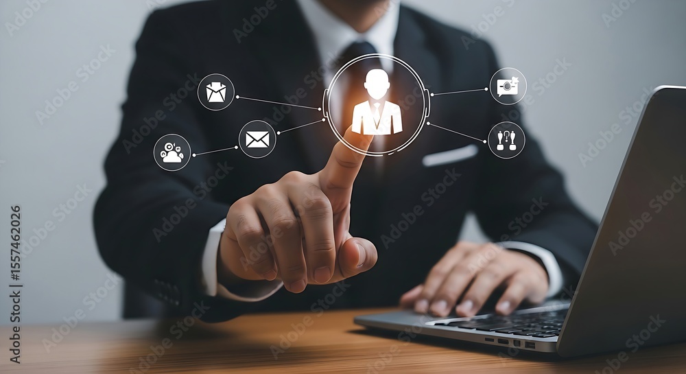 Poster businessman interacts with a digital interface displaying human resources and networking connections