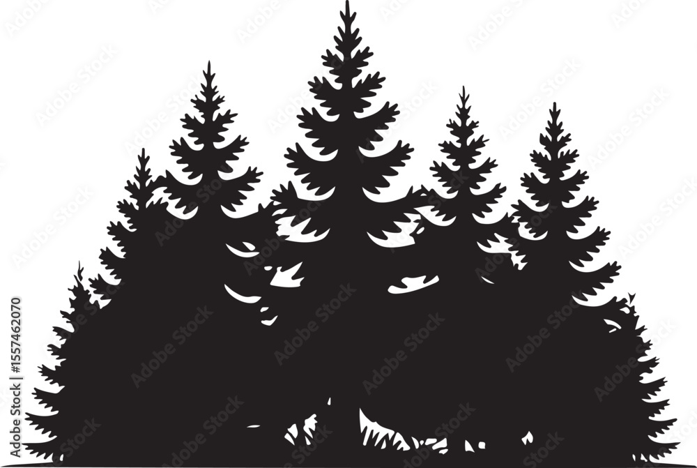 Poster silhouette of evergreen trees grouped together in forest, creating a dense and mysterious visual tex