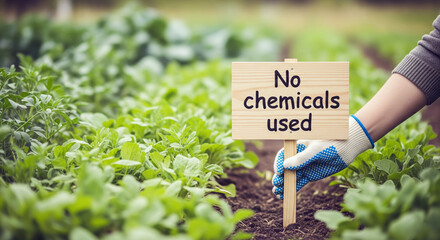 Hand holding wooden sign stating no chemicals used in lush green agroecological farm, showcasing sustainable practices and healthy crop growth in vibrant environment