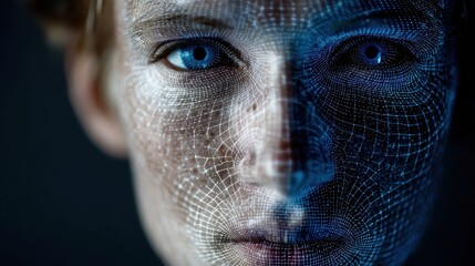 A face bisected by a digital mesh, half real, half virtual