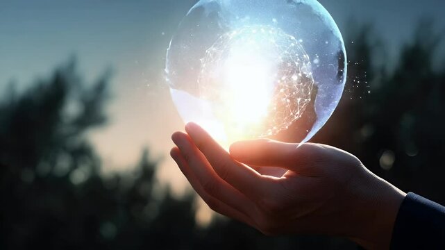 A hand cradles a glowing orb, symbolizing innovation and connection, against a serene forest backdrop