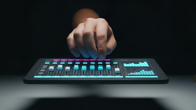 human hand precisely adjusts glowing faders on a futuristic digital sound mixer interface.