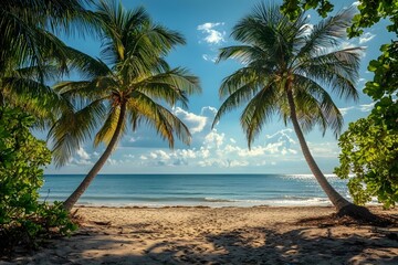 Obraz premium The coconut trees stand tall in the coconut grove, with the sea breeze gently brushing by