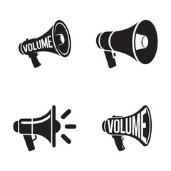 Four black megaphone icons with volume text sound announcement