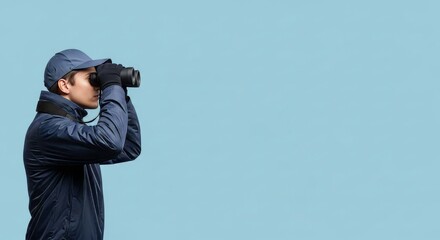 Man in blue jacket using binoculars for bird watching outdoor activity, light blue color